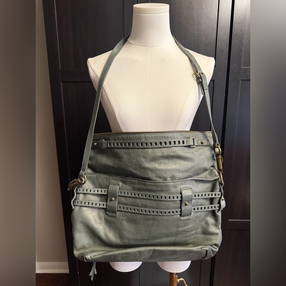 Joelle Hawkens Handbags - JOELLE HAWKENS Vntg Green Leather Bag Satchel Purse Studded Tassel Zips Hobo